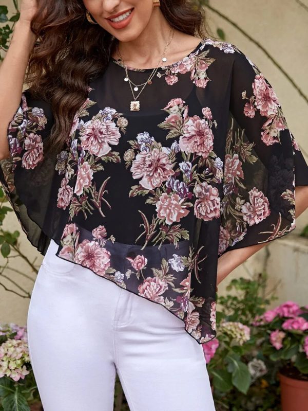 MERY ROSE Floral Print Batwing Sleeve Asymmetrical Hem Blouse,Three Quarter Sleeve Tops - Image 5