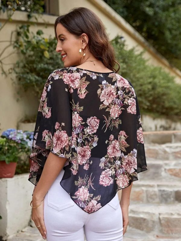 MERY ROSE Floral Print Batwing Sleeve Asymmetrical Hem Blouse,Three Quarter Sleeve Tops - Image 2