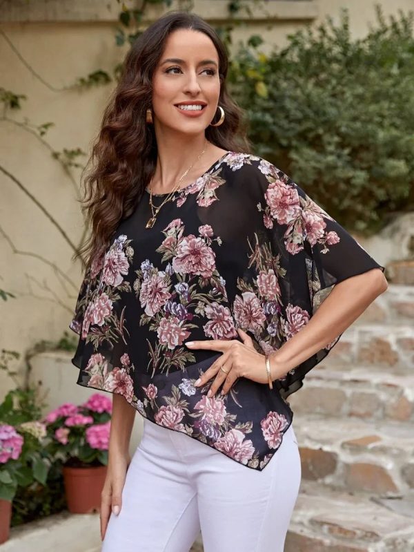 MERY ROSE Floral Print Batwing Sleeve Asymmetrical Hem Blouse,Three Quarter Sleeve Tops