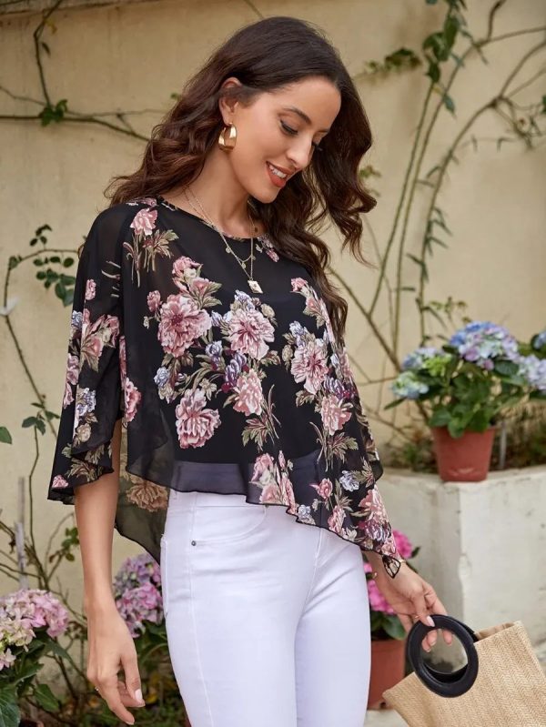 MERY ROSE Floral Print Batwing Sleeve Asymmetrical Hem Blouse,Three Quarter Sleeve Tops - Image 4