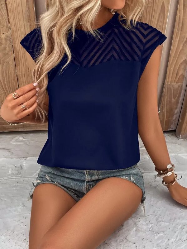 SHEIN LUNE Contrast Mesh Yoke Keyhole Back Blouse - Image 6