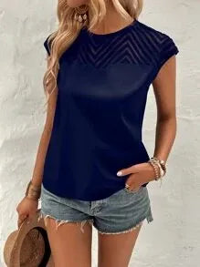 SHEIN LUNE Contrast Mesh Yoke Keyhole Back Blouse