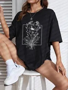 INAWLY Floral Print Drop Shoulder Tee Graphic Tees Women Tops
