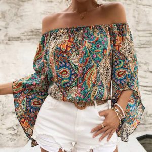 Breezaya Paisley Print Off Shoulder Trumpet Sleeve Blouse
