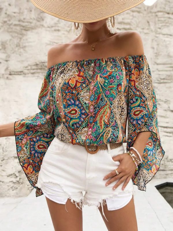 Breezaya Paisley Print Off Shoulder Trumpet Sleeve Blouse