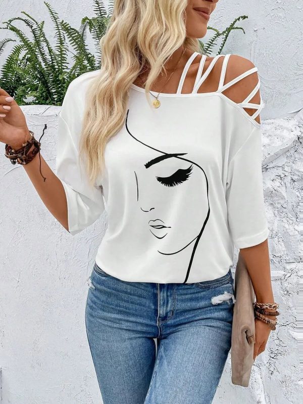 Breezaya Figure Graphic Criss Cross Asymmetrical Neck Tee Graphic Tees Women Tops - Image 7