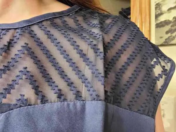 SHEIN LUNE Contrast Mesh Yoke Keyhole Back Blouse - Image 2