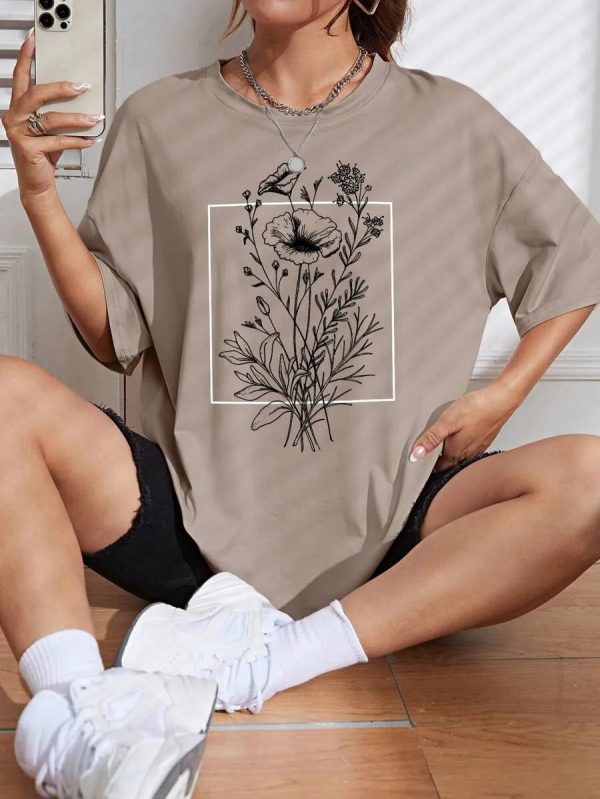 INAWLY Floral Print Drop Shoulder Tee Graphic Tees Women Tops - Image 8